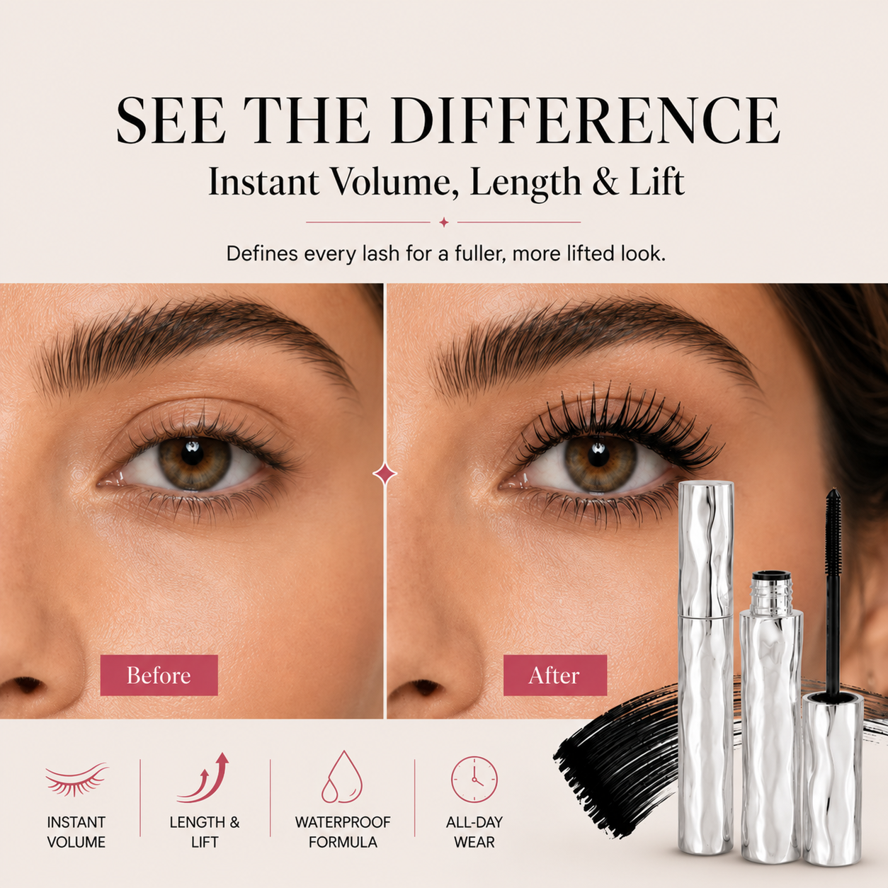 Before and after comparison showing fuller, longer and lifted lashes