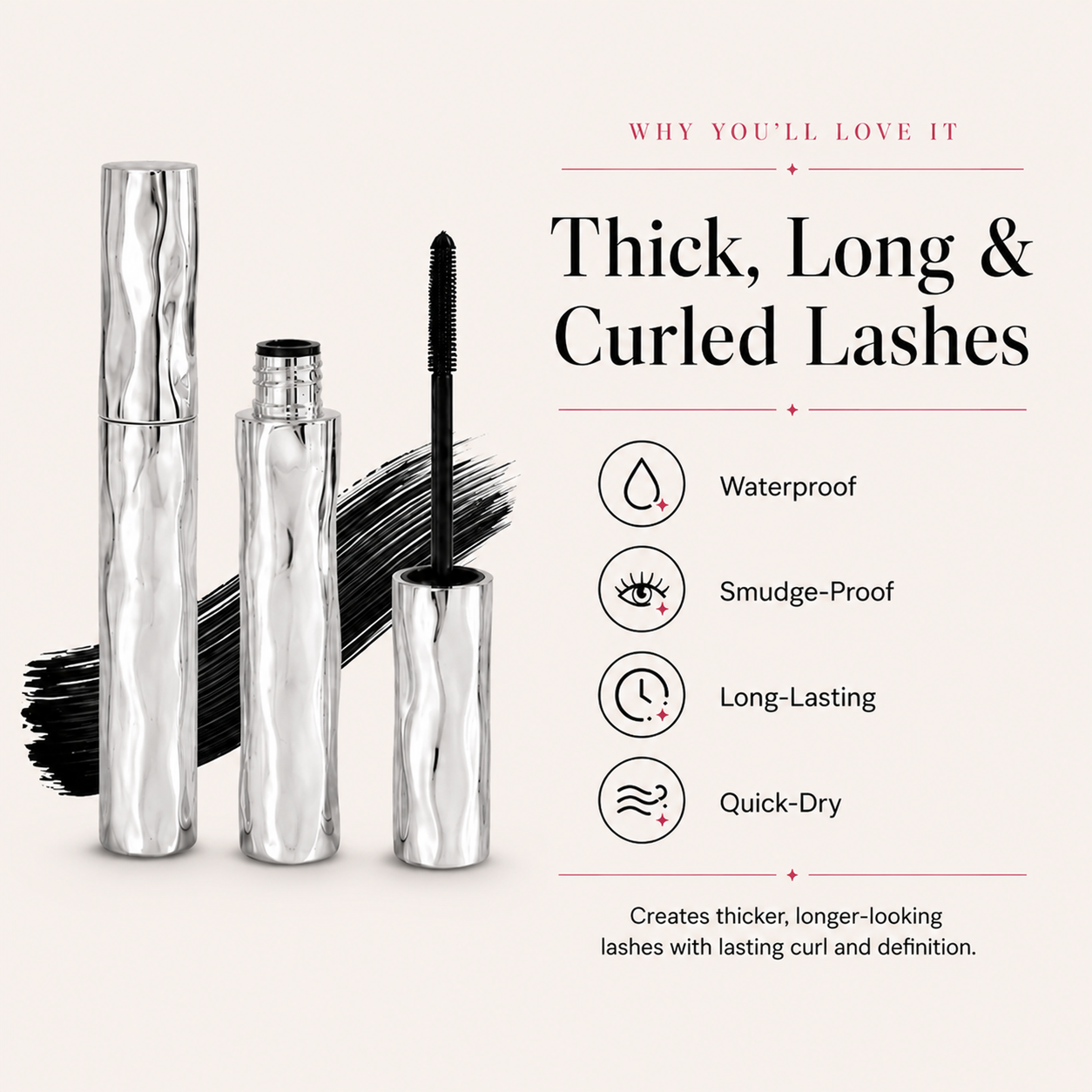 Westline Beauty mascara benefits including waterproof, smudge-proof, long-lasting and quick-dry performance