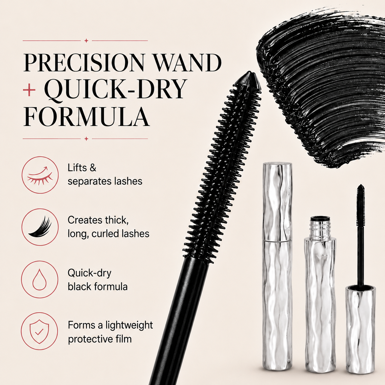 Precision mascara wand and quick-dry black formula