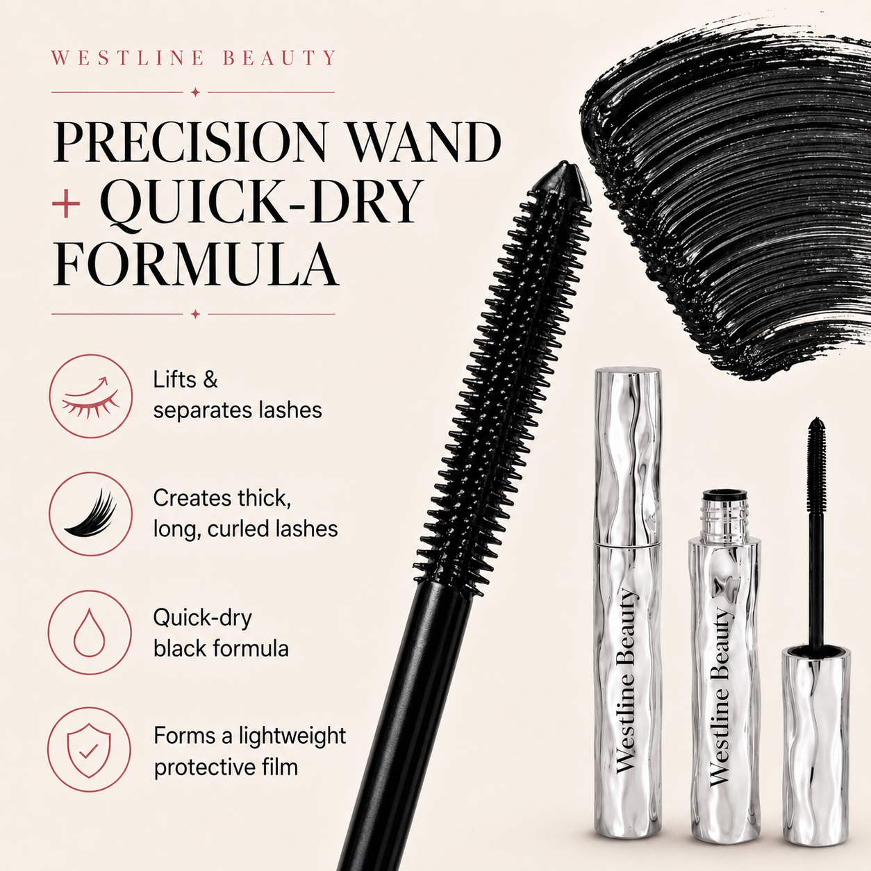 Precision mascara wand and quick dry black formula