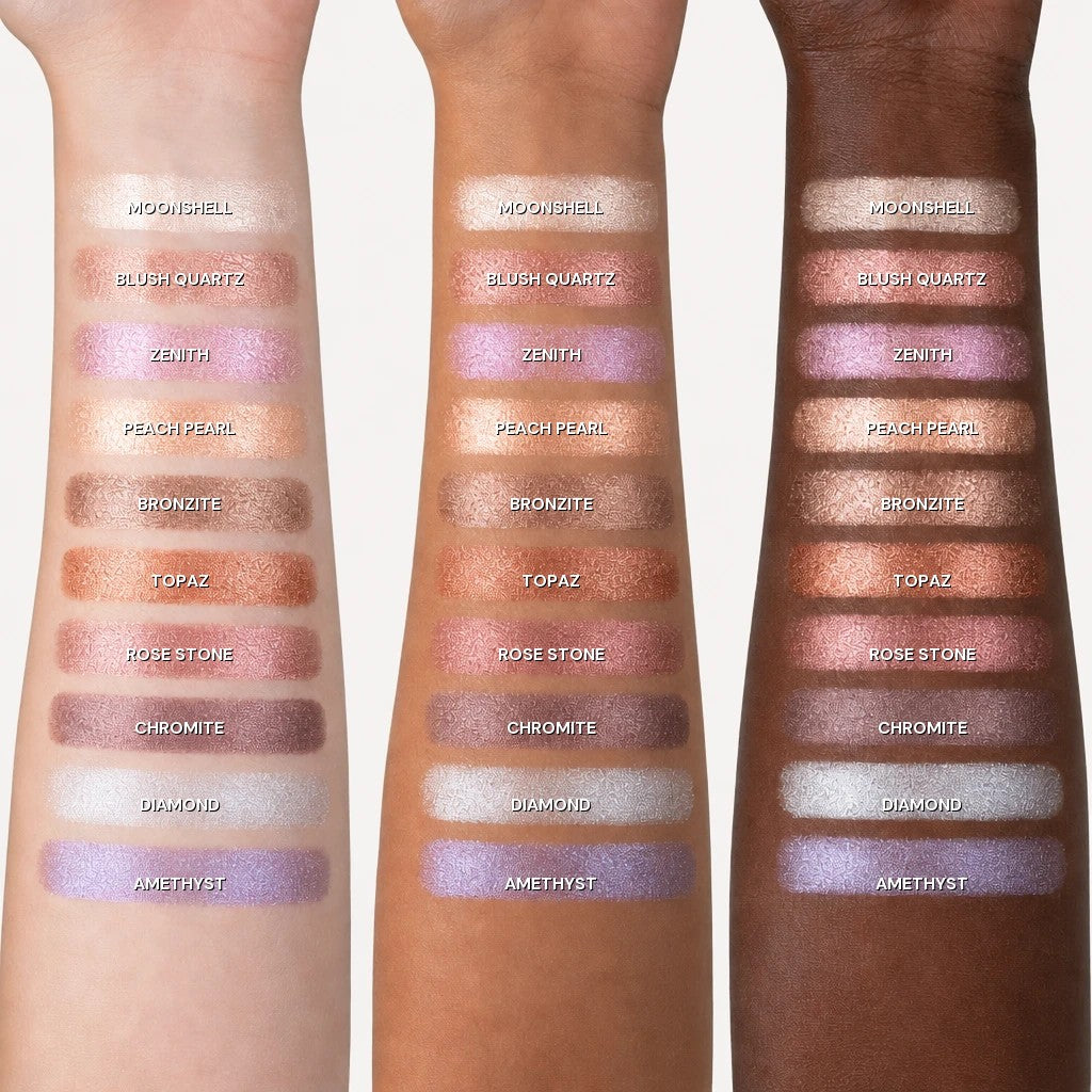 Gel eyeshadow shades shown across multiple skin tones